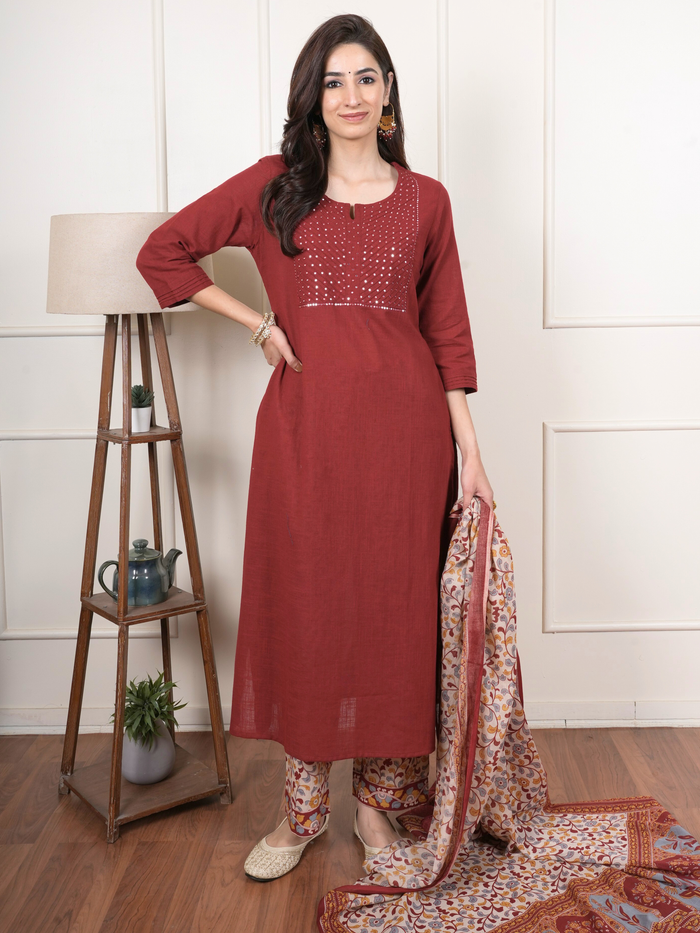 Maroon Cotton Round Neck Complete Suit Set For Women's