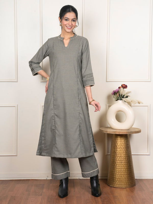 Beige Gray Check Woolen Round Neck Kurta Pant Set For Women's