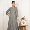 Beige Gray Check Woolen Round Neck Kurta Pant Set For Women's
