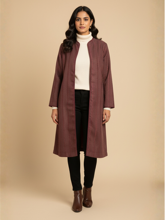 Wine Colour Merino Wool Round Neck Self Design Long Jacket For Women's