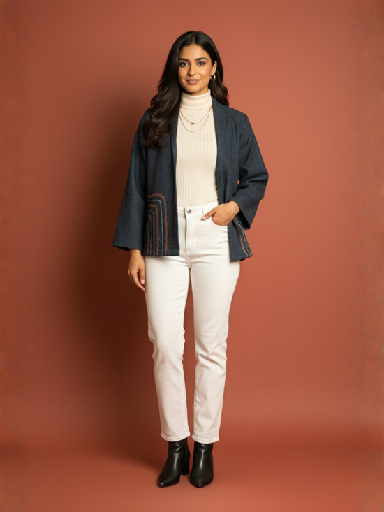 Navy Blue Colour Merino Wool Collar Neck Solid With Hand Embroidery Short Jacket For Women's