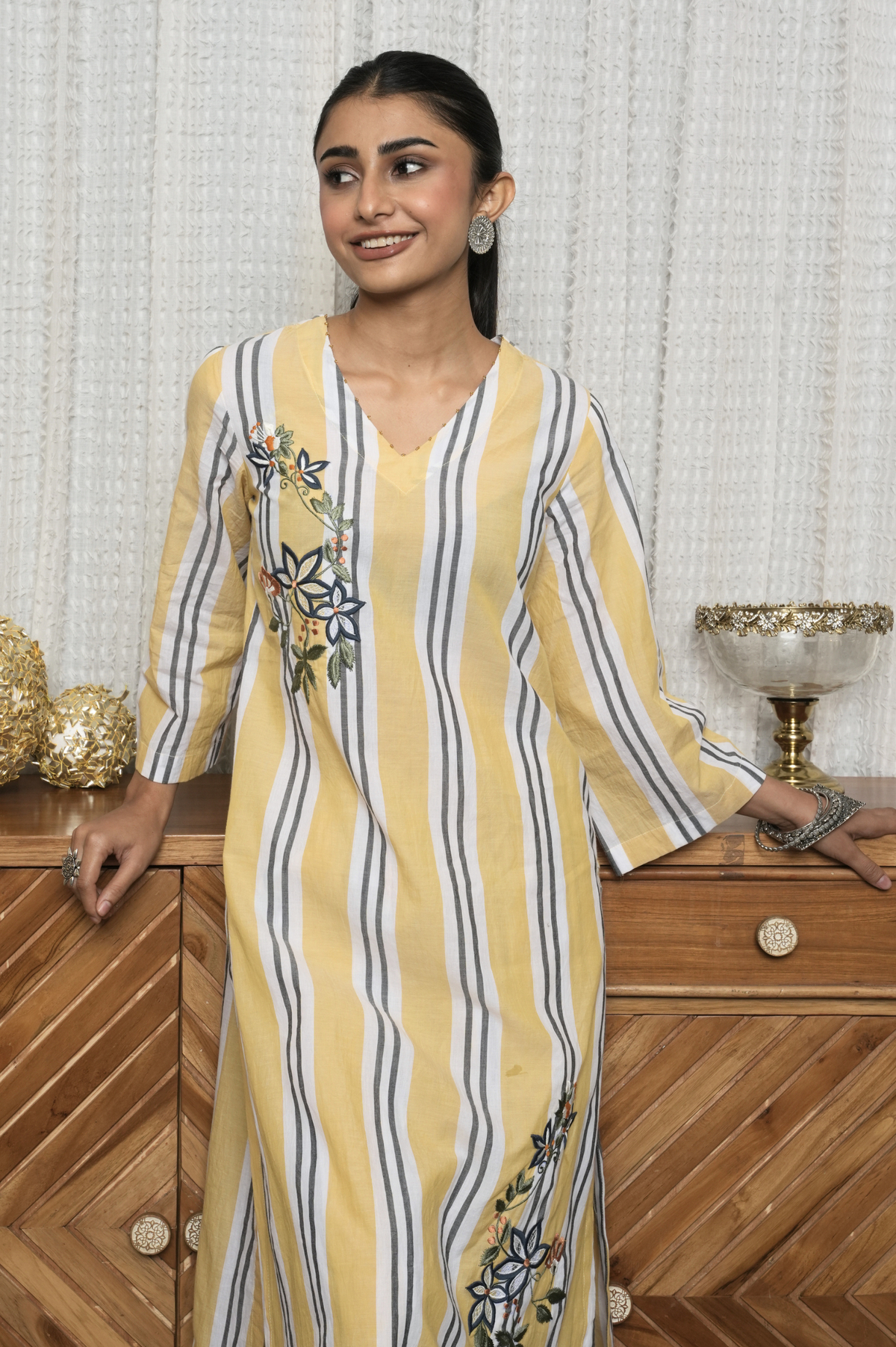 Mustard And White Kurta Pant