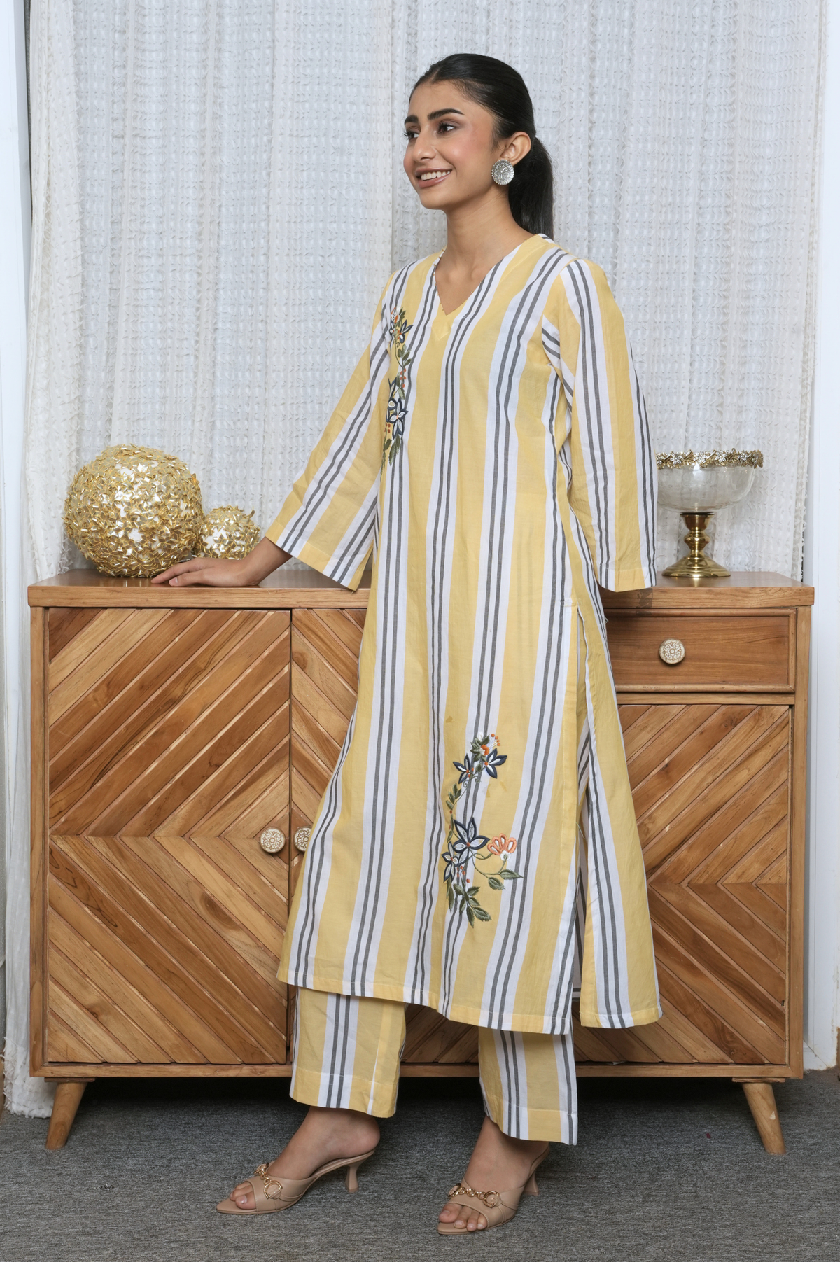 Mustard And White Kurta Pant