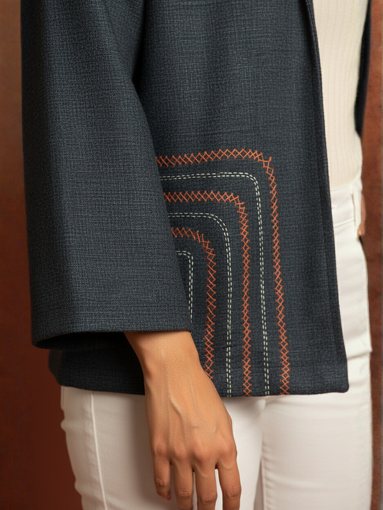 Navy Blue Colour Merino Wool Collar Neck Solid With Hand Embroidery Short Jacket For Women's