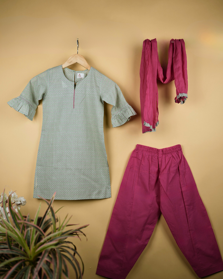 Pastel Green & Magenta Girl's Kurta Set