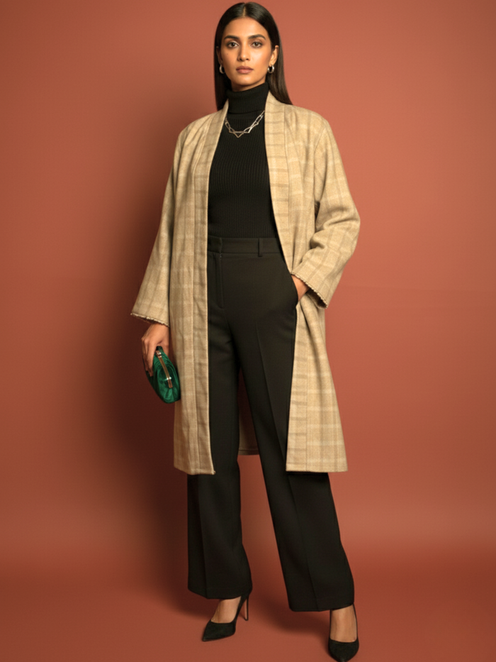 Beige Colour Merino Wool Collar Checkered Print Long Jacket For Women's