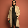 Beige Colour Merino Wool Collar Checkered Print Long Jacket For Women's