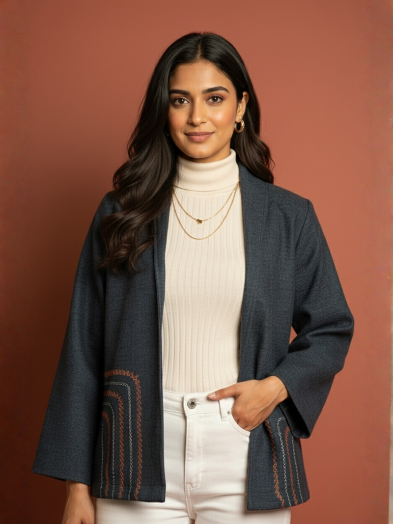 Navy Blue Colour Merino Wool Collar Neck Solid With Hand Embroidery Short Jacket For Women's