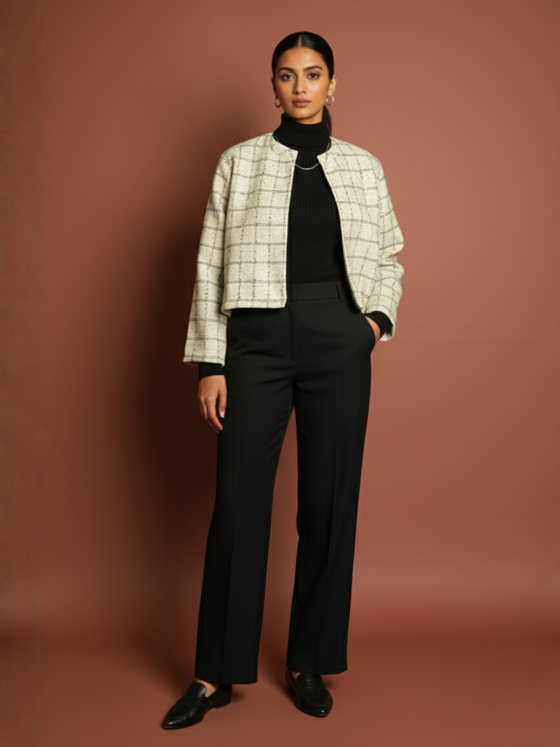 White Colour Merino Wool Round Neck Checkered Print Short Jacket For Women's