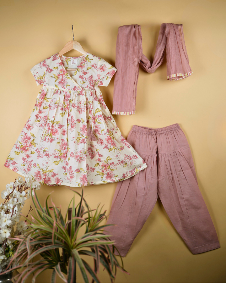 Off-White & Pink Cotton Kurta Salwar with Dupatta Set