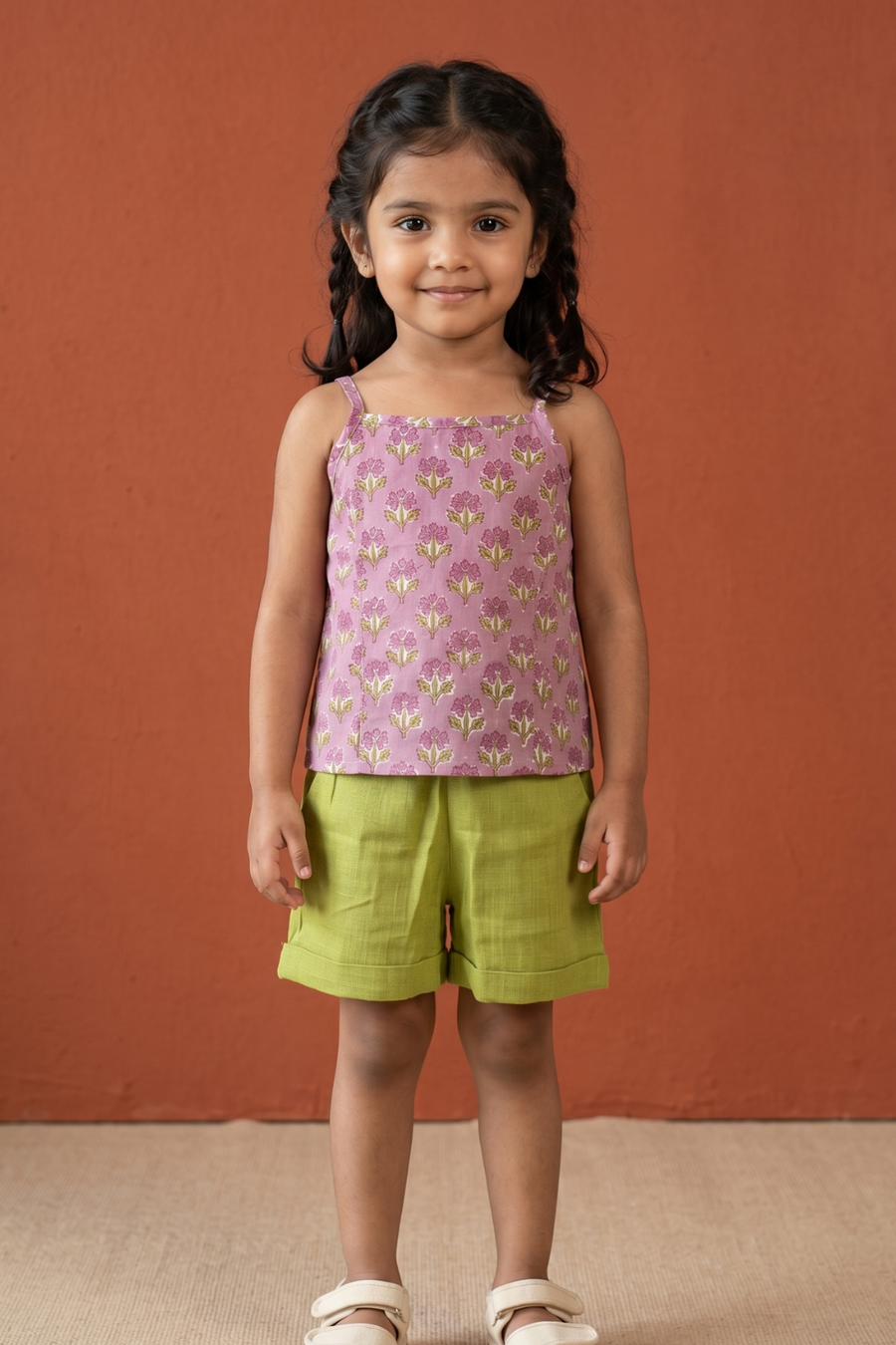 Lavender Pink & Lime Green Top And Shorts