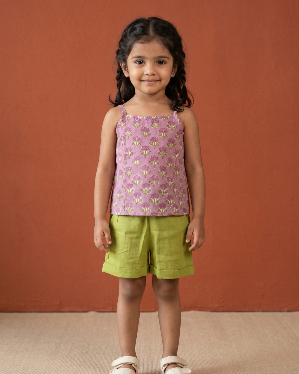 Lavender Pink & Lime Green Top And Shorts