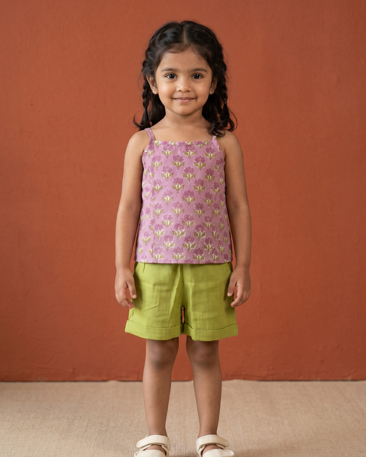 Lavender Pink & Lime Green Top And Shorts