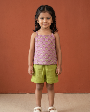 Lavender Pink & Lime Green Top And Shorts