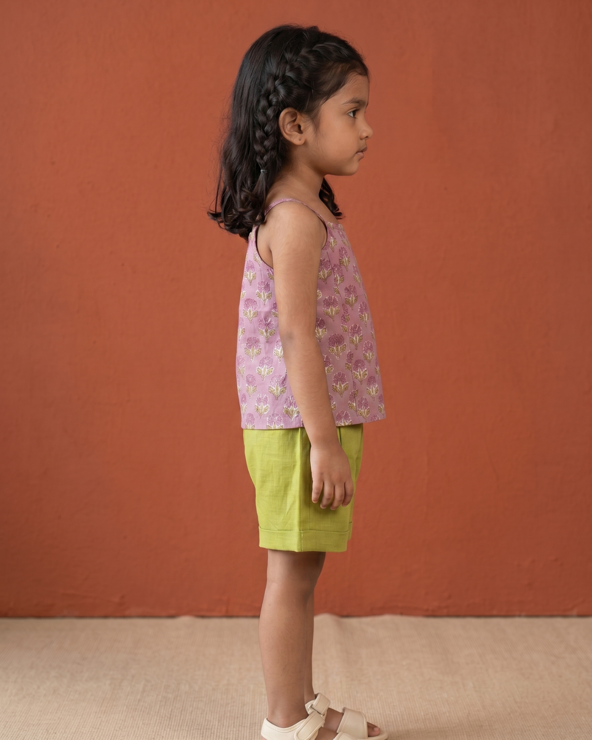 Lavender Pink & Lime Green Top And Shorts