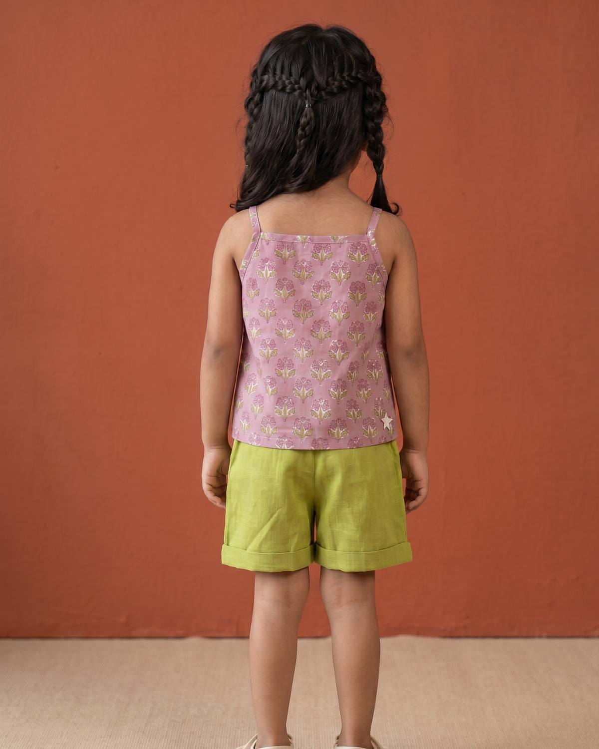 Lavender Pink & Lime Green Top And Shorts