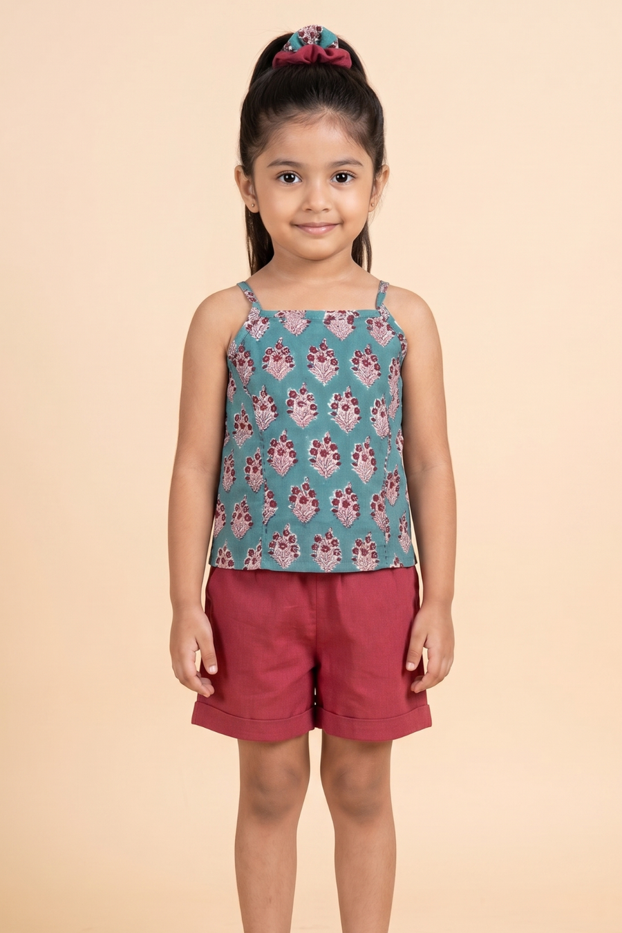 Teal Green & Maroon Top And Shorts
