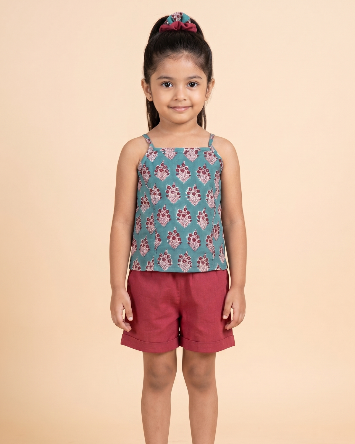 Teal Green & Maroon Top And Shorts
