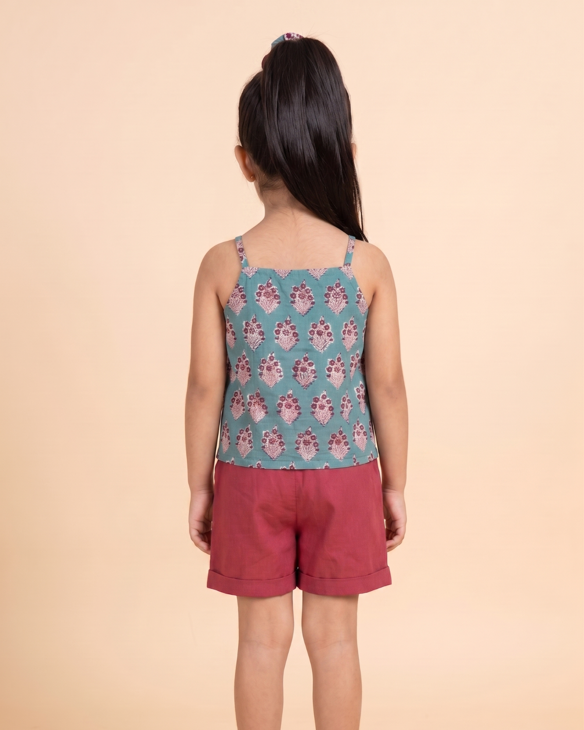 Teal Green & Maroon Top And Shorts