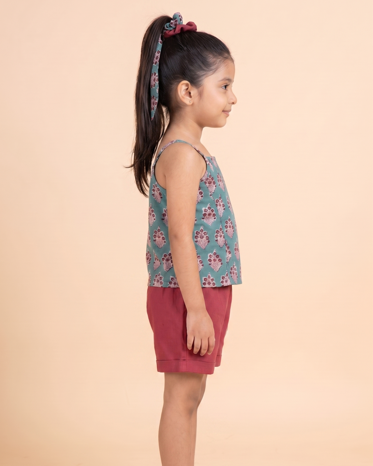 Teal Green & Maroon Top And Shorts