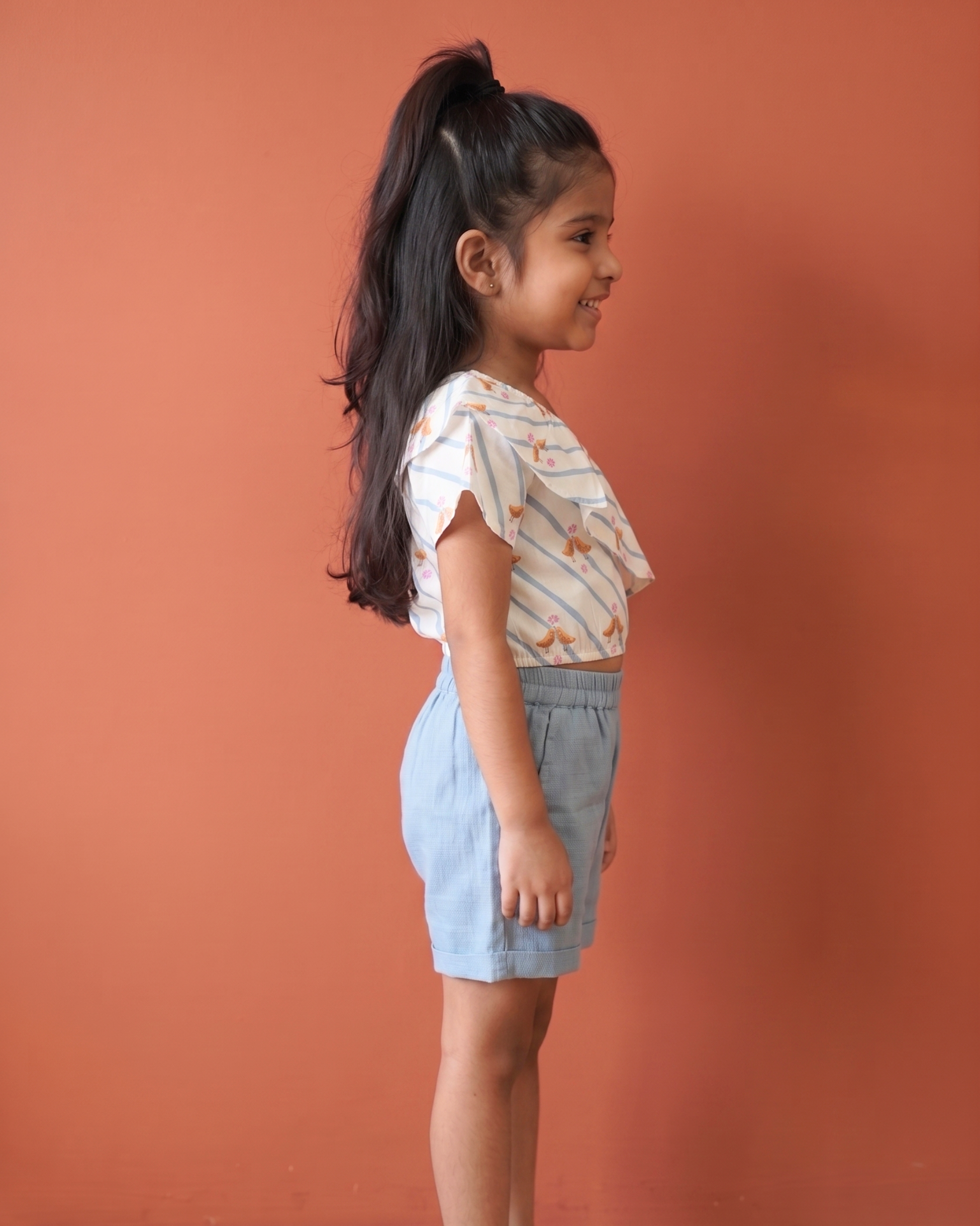 White & Sky Blue Top And Shorts