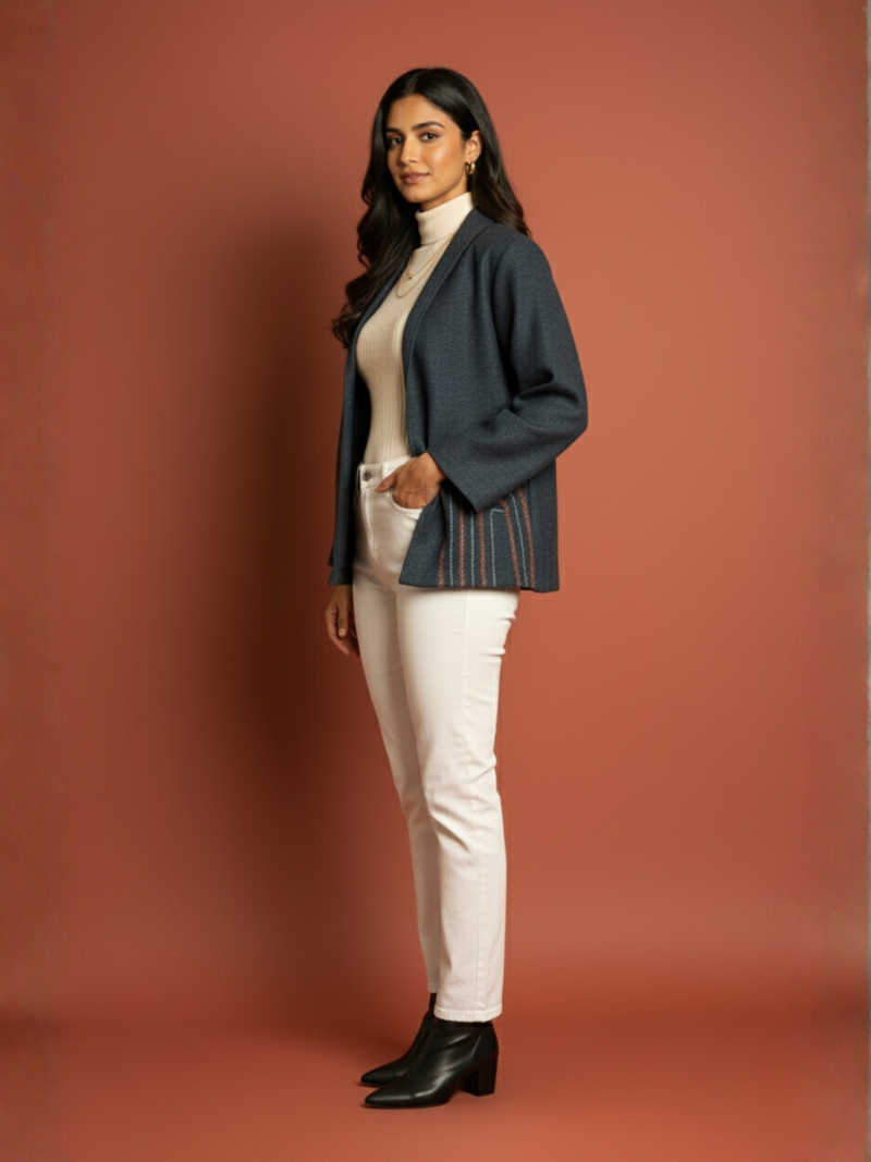 Navy Blue Colour Merino Wool Collar Neck Solid With Hand Embroidery Short Jacket For Women's