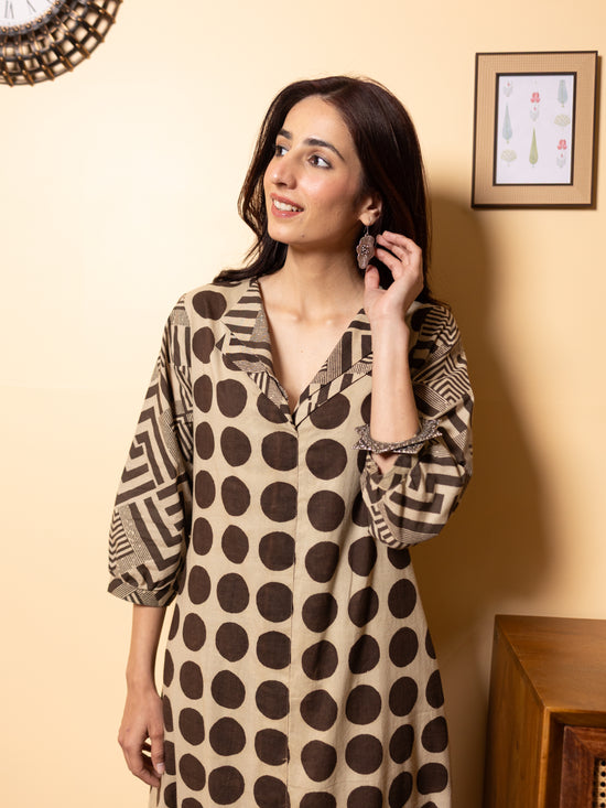 Beige Brown Polka Dot Cotton Printed Kurta