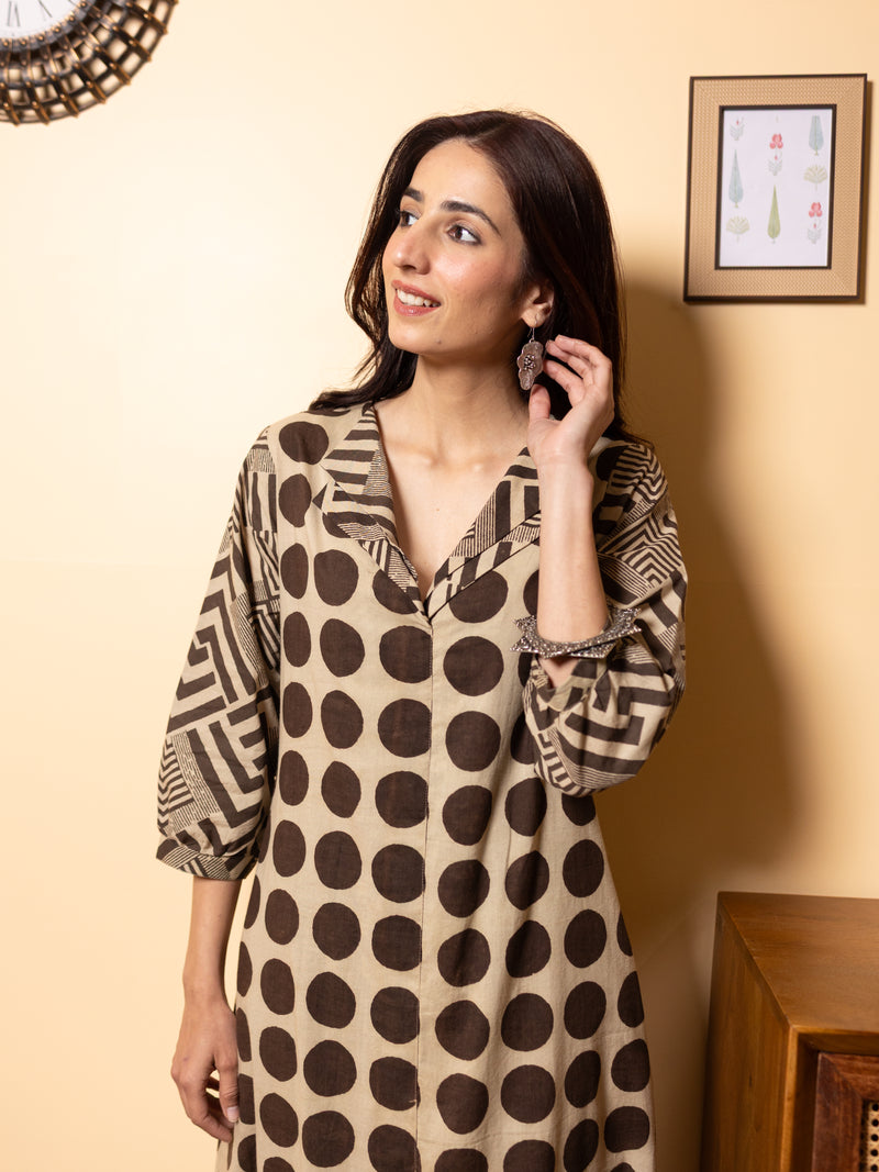 Beige Brown Polka Dot Cotton Printed Kurta