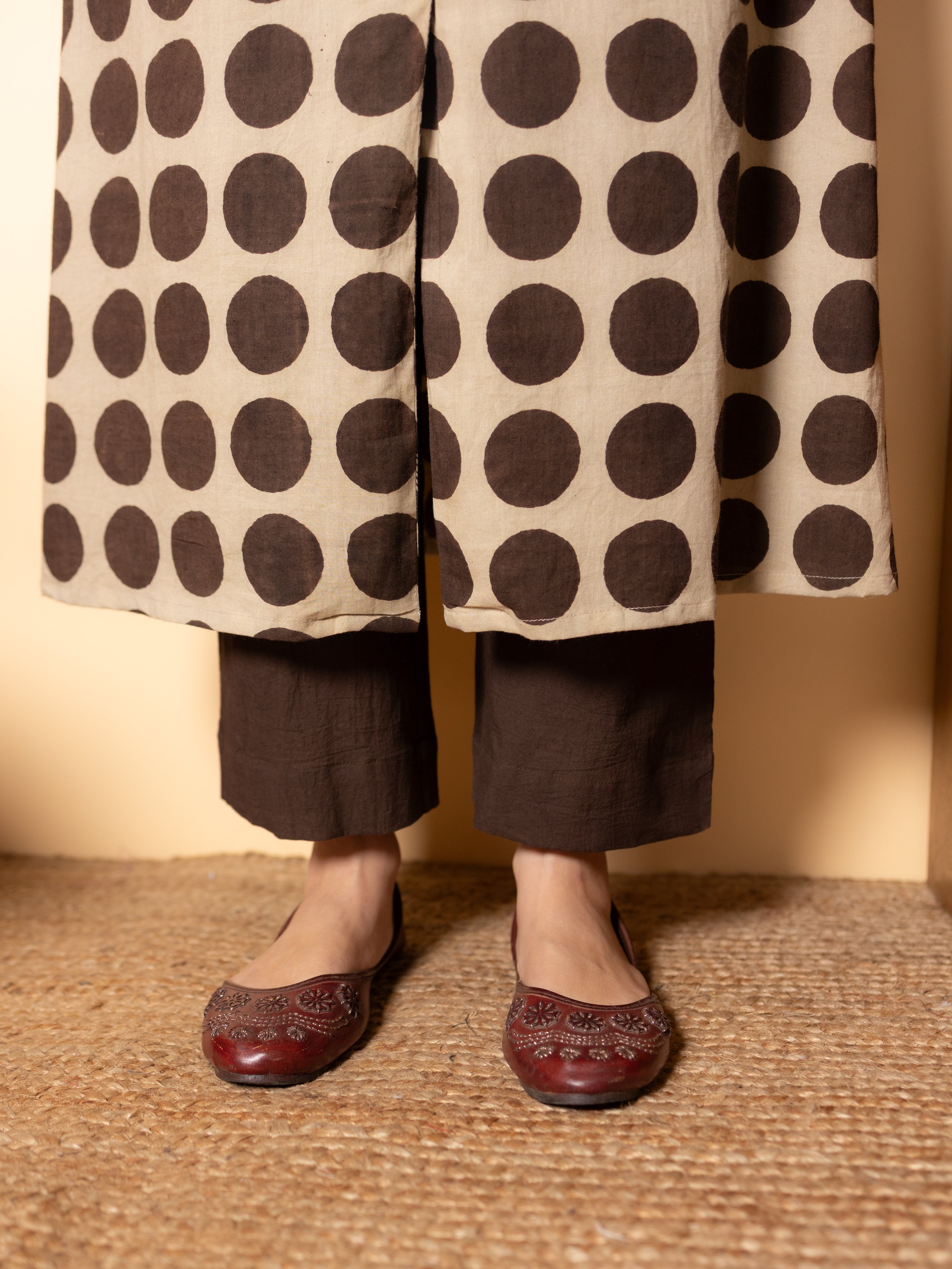Beige Brown Polka Dot Cotton Printed Kurta