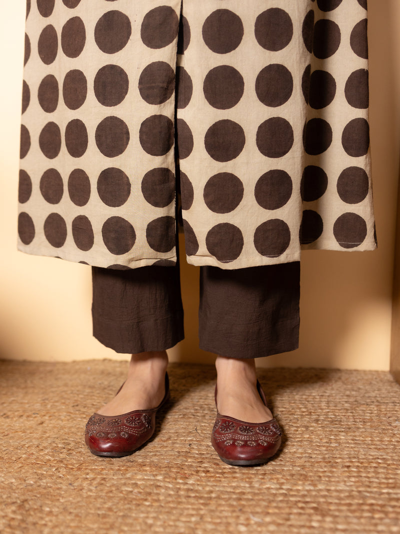 Beige Brown Polka Dot Cotton Printed Kurta