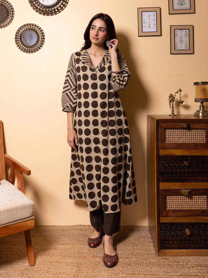 Beige Brown Polka Dot Cotton Printed Kurta