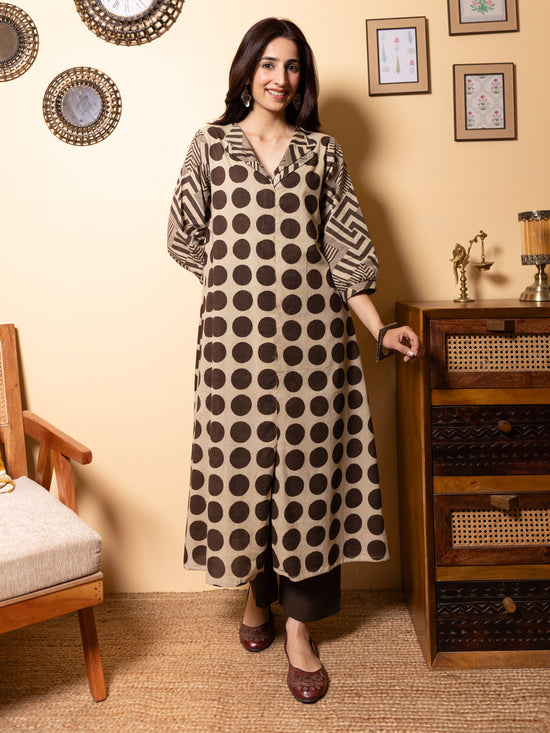 Beige Brown Polka Dot Cotton Printed Kurta