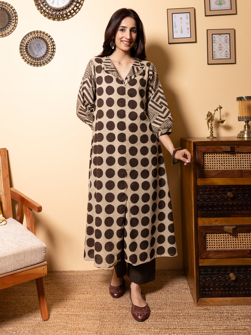 Beige Brown Polka Dot Cotton Printed Kurta