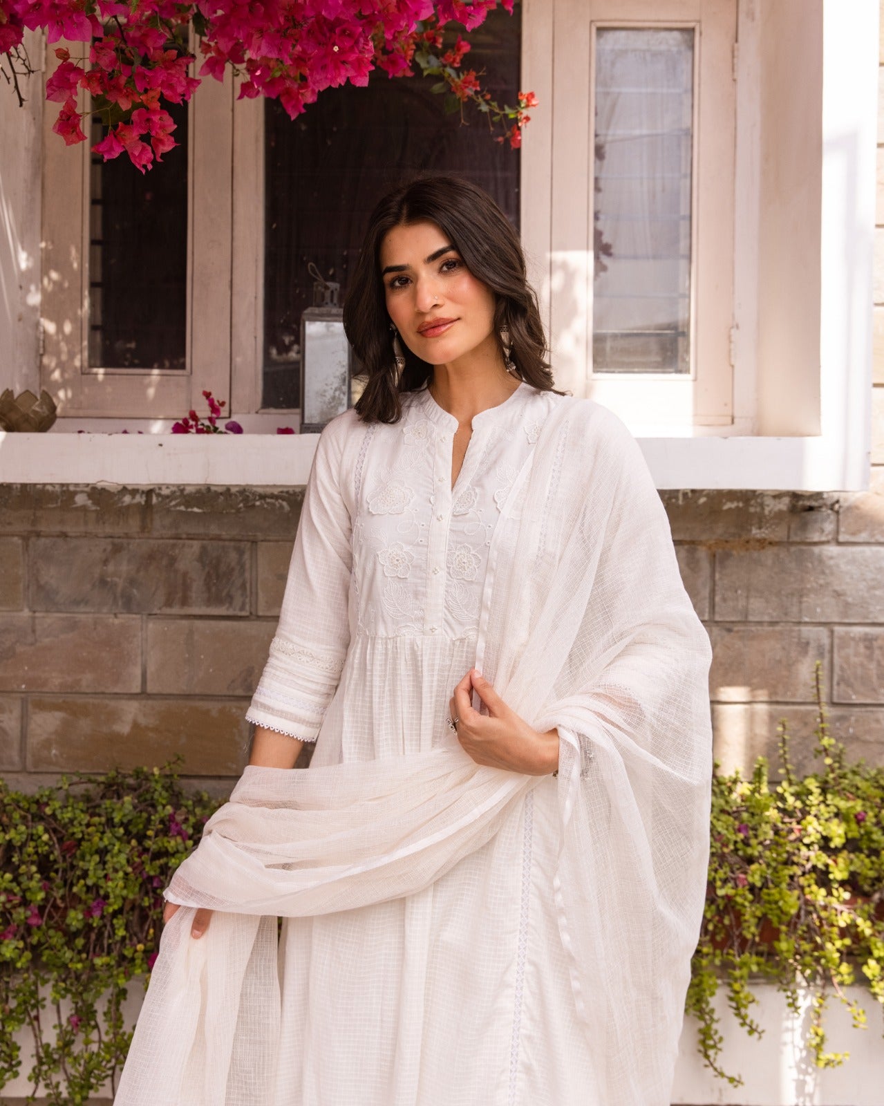 White Cotton Dobby Kurta (Bottom & Dupatta Not Included)