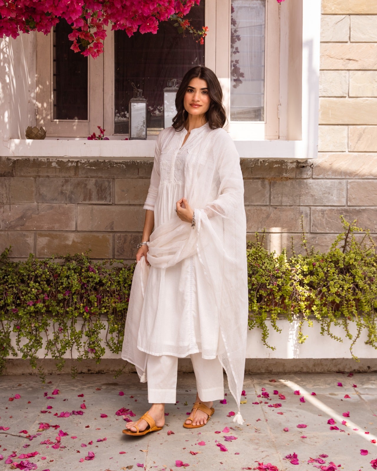 White Cotton Dobby Kurta (Bottom & Dupatta Not Included)