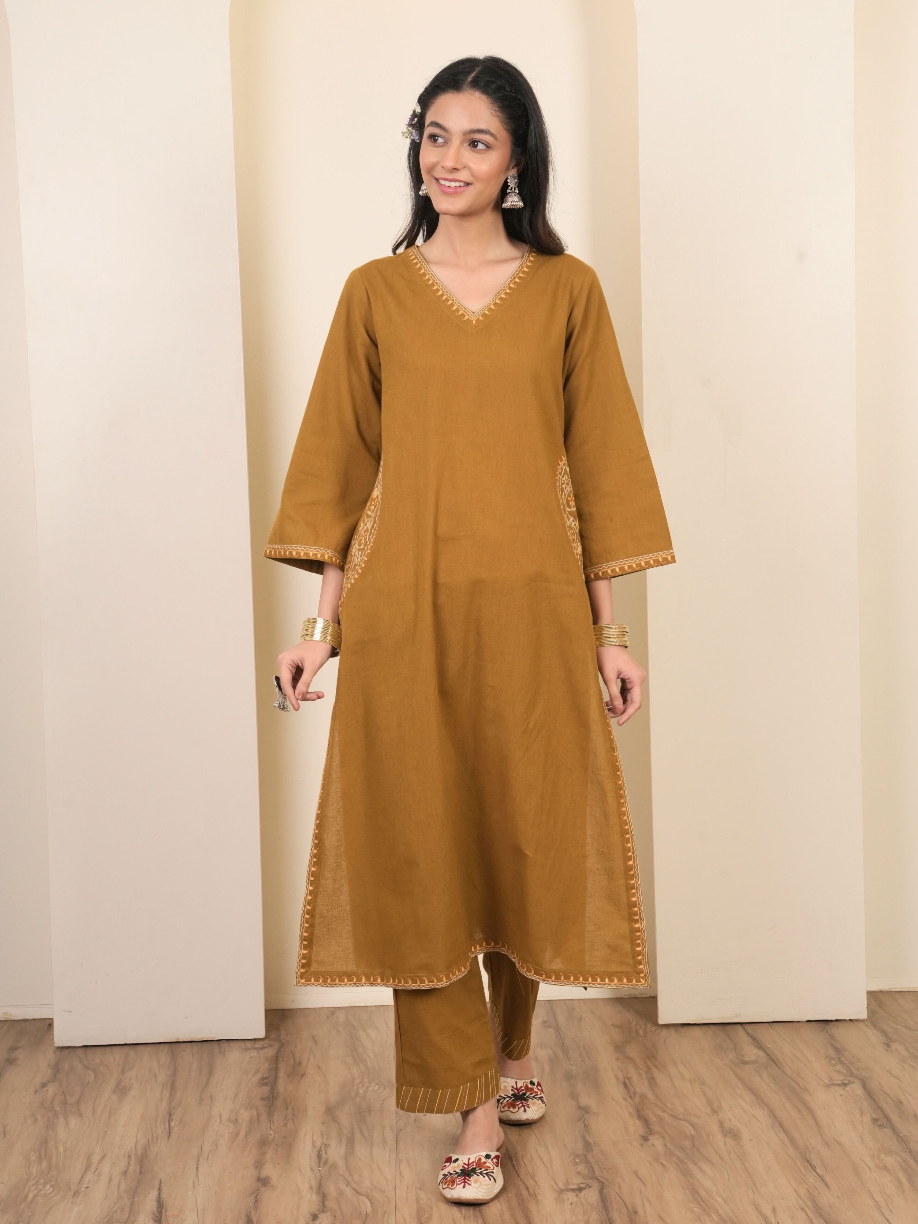 Mustard Cotton Flax Aari Embroidered Kurta Pant