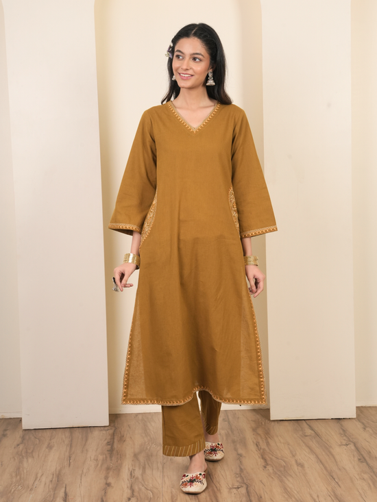 Mustard Cotton Flex Aari Embroidered Kurta Pant