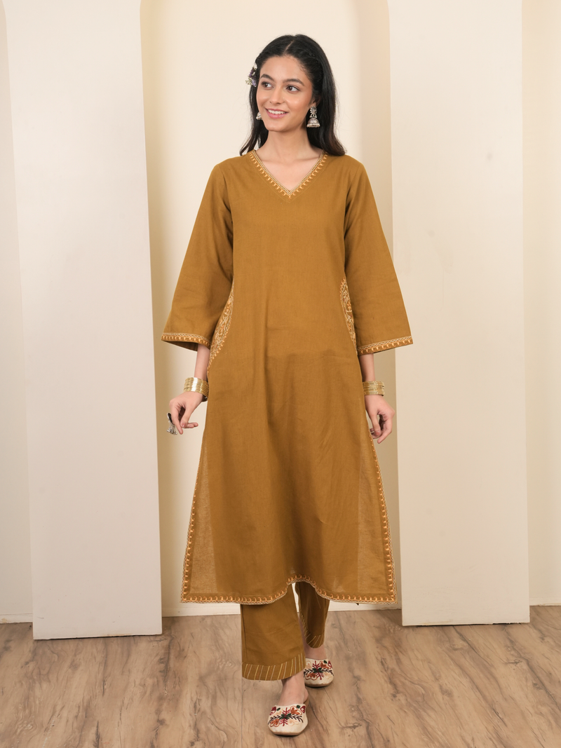 Mustard Cotton Flex Aari Embroidered Kurta Pant
