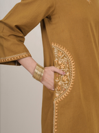 Mustard Cotton Flax Aari Embroidered Kurta Pant