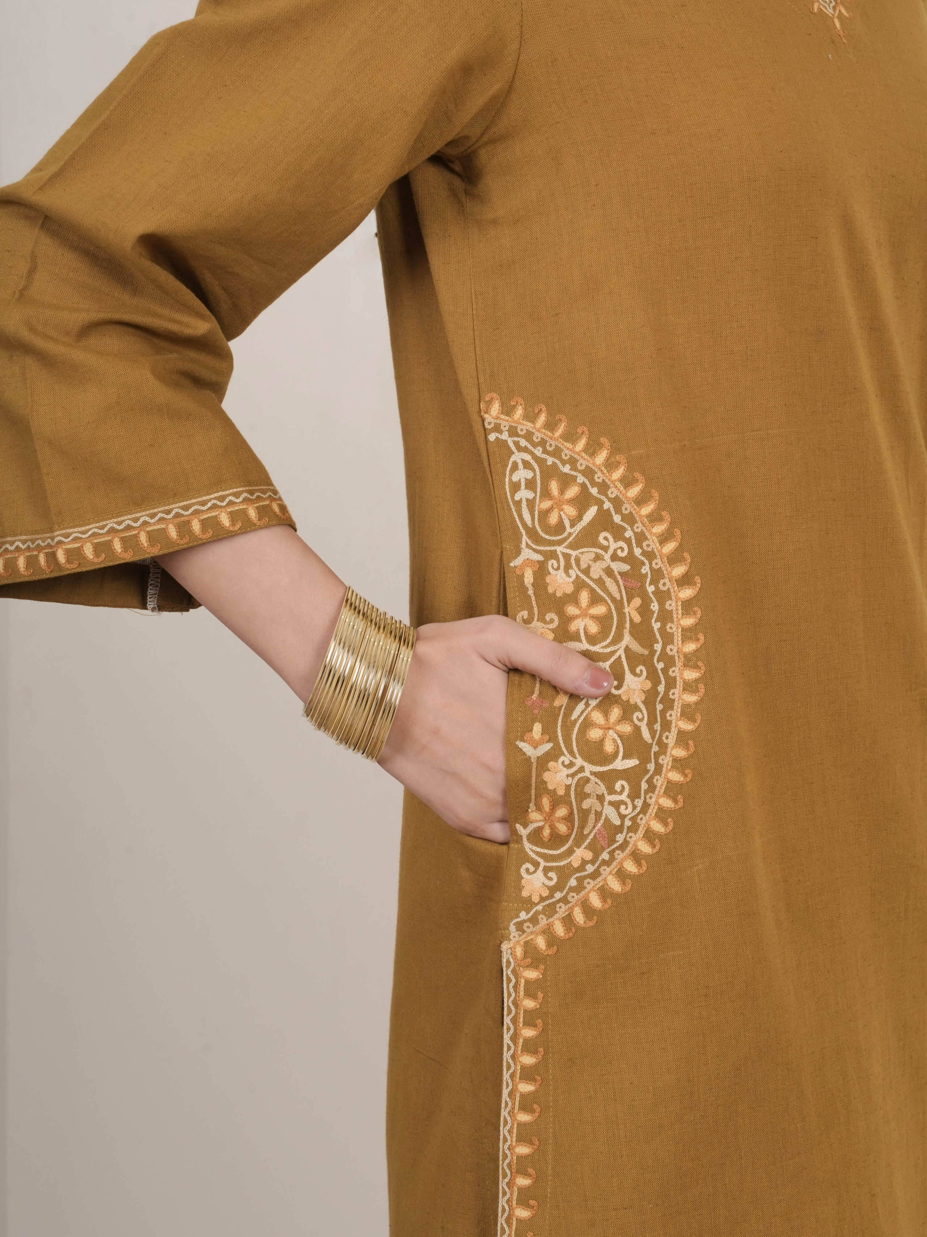 Mustard Cotton Flax Aari Embroidered Kurta Pant