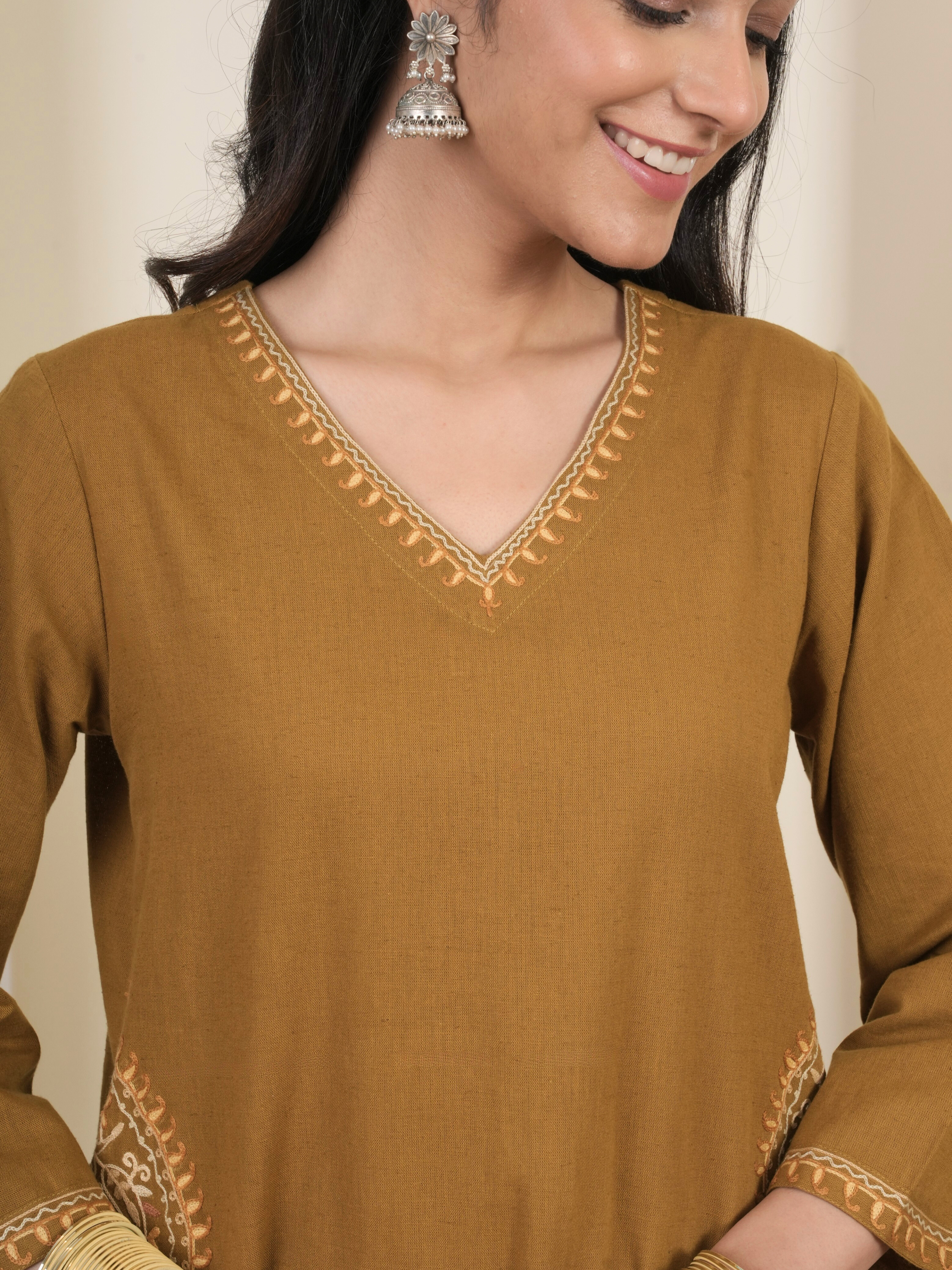 Mustard Cotton Flax Aari Embroidered Kurta Pant