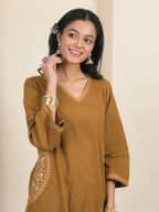 Mustard Cotton Flax Aari Embroidered Kurta Pant