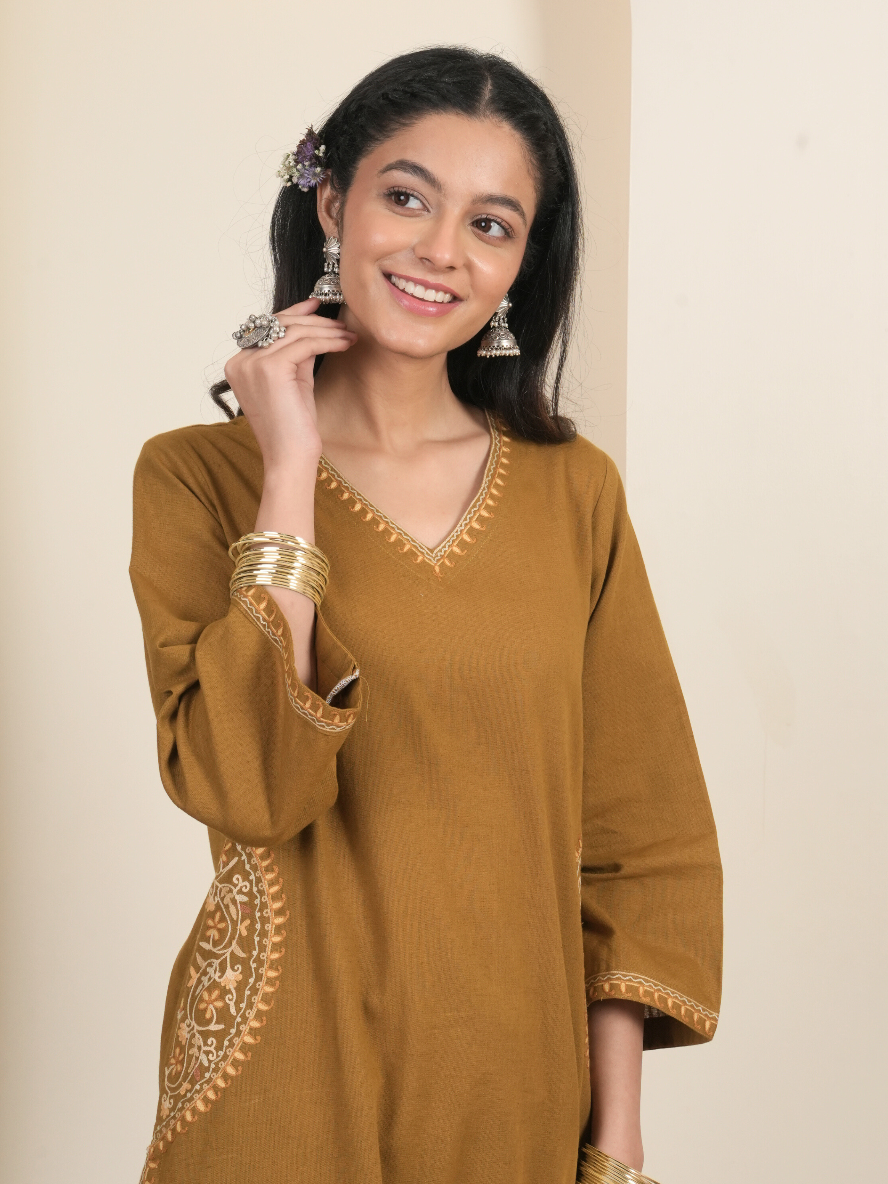 Mustard Cotton Flax Aari Embroidered Kurta Pant