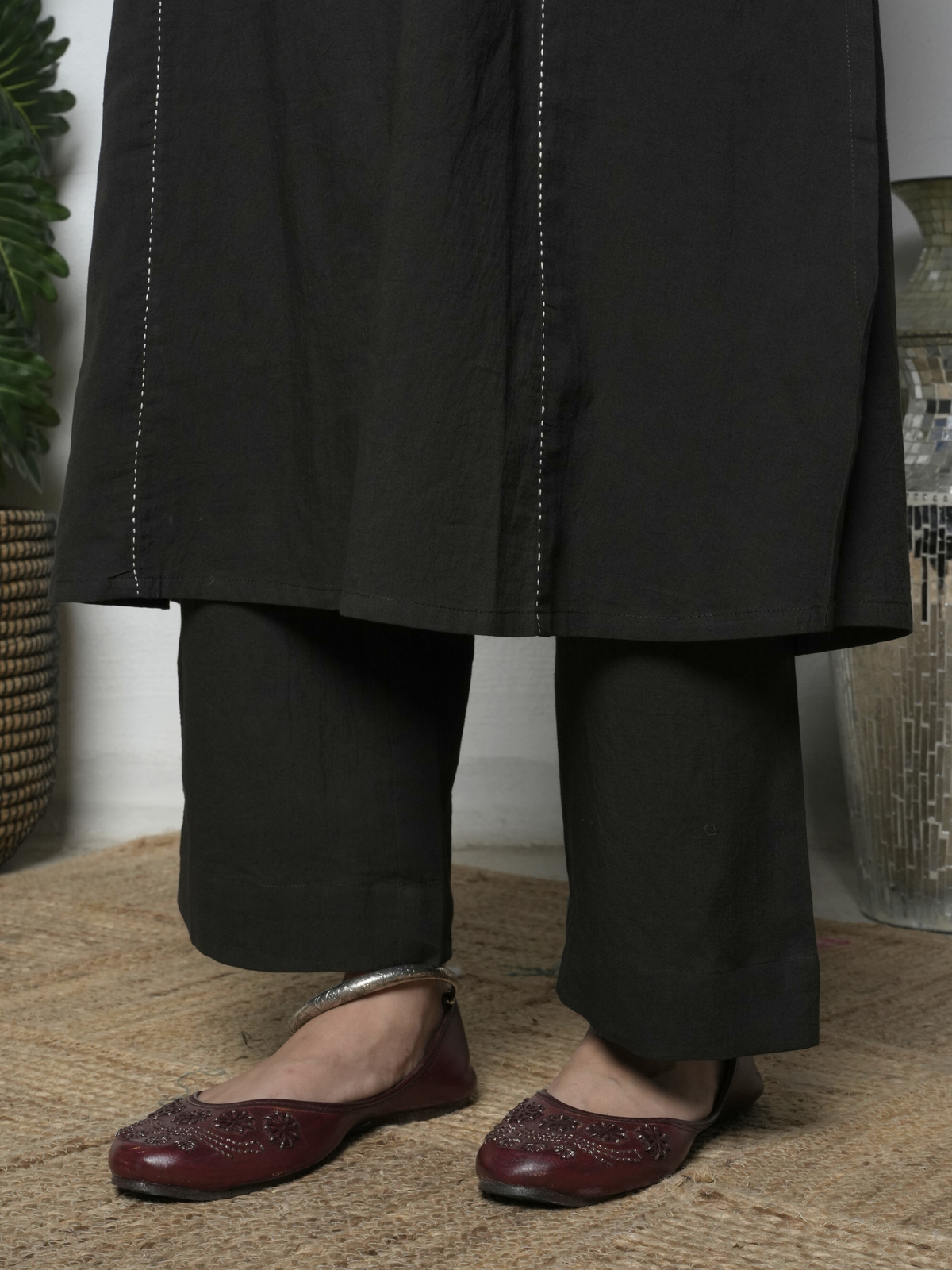 Dark Gray Cotton Natural Dyed Kurta Pant Set For Women's