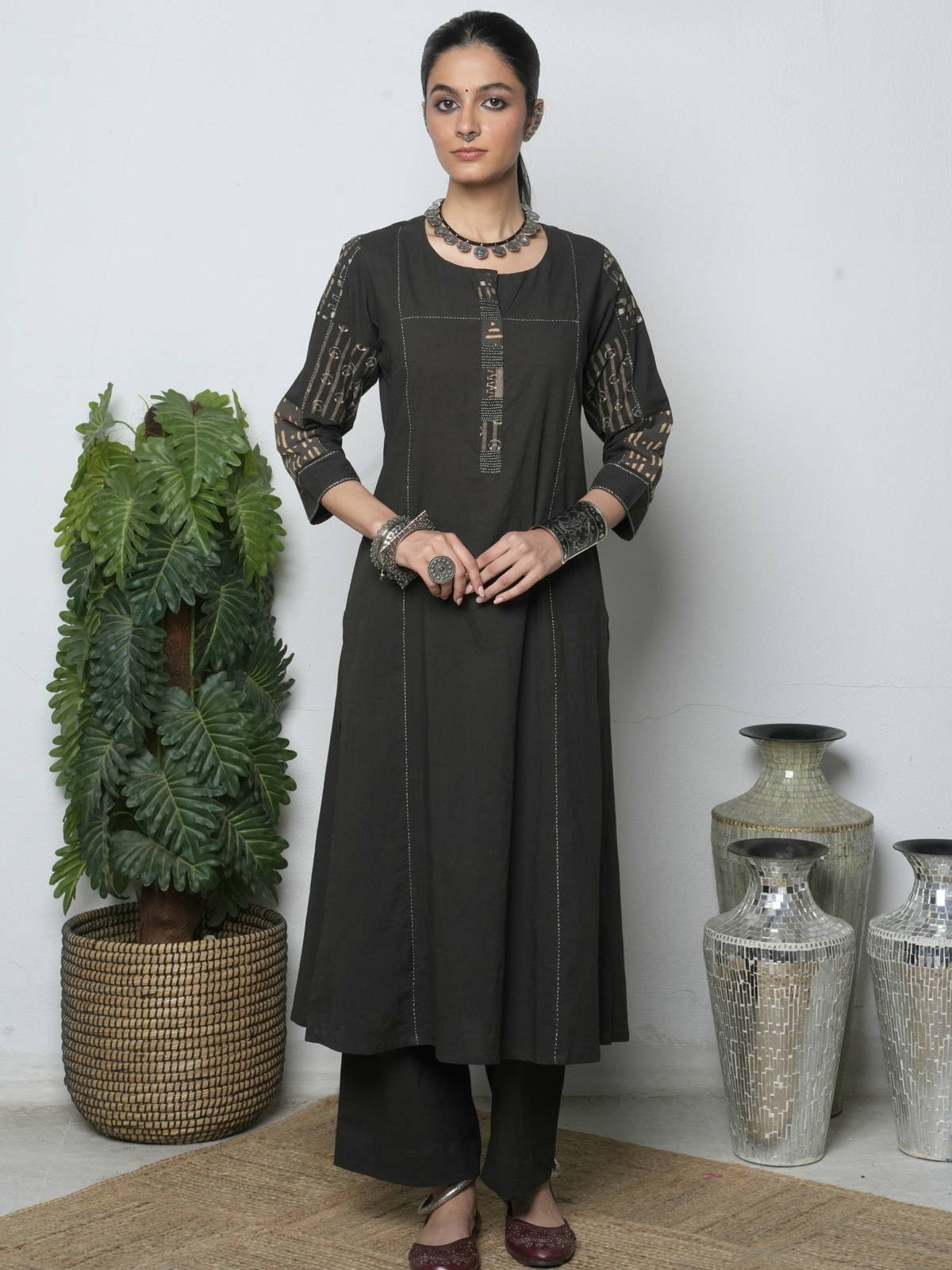 Dark Gray Cotton Natural Dyed Kurta Pant Set For Women's