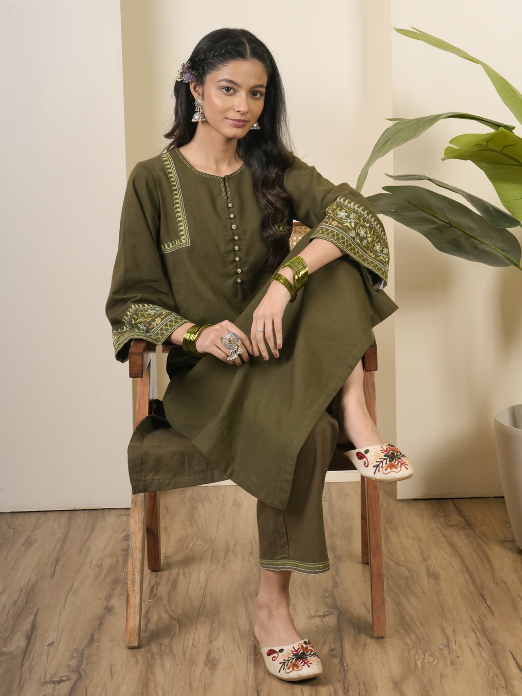 Army Green Cotton Flax Aari Embroidered Kurta Pant