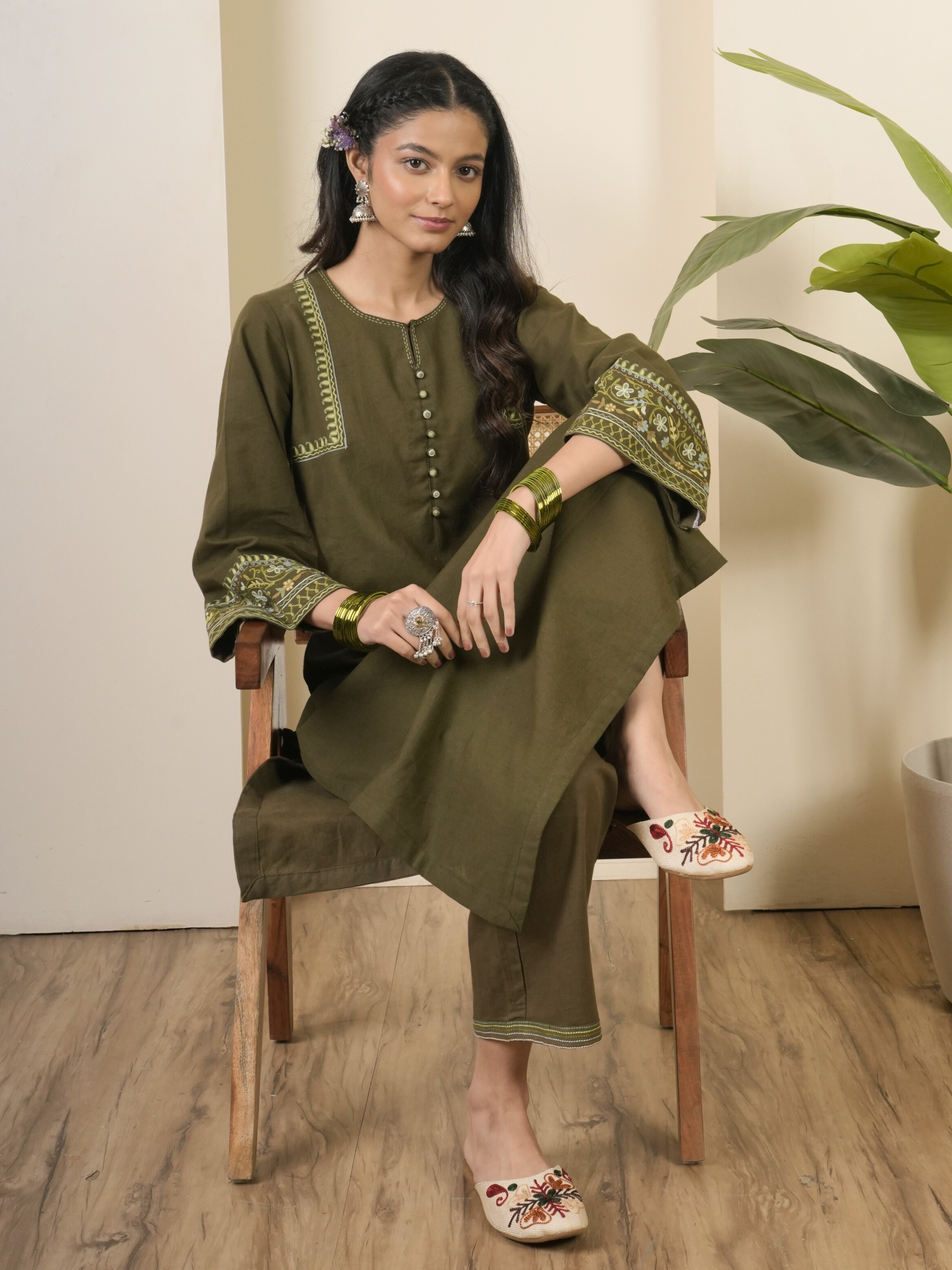 Army Green Cotton Flax Aari Embroidered Kurta Pant