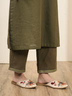 Army Green Cotton Flax Aari Embroidered Kurta Pant