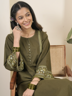 Army Green Cotton Flax Aari Embroidered Kurta Pant