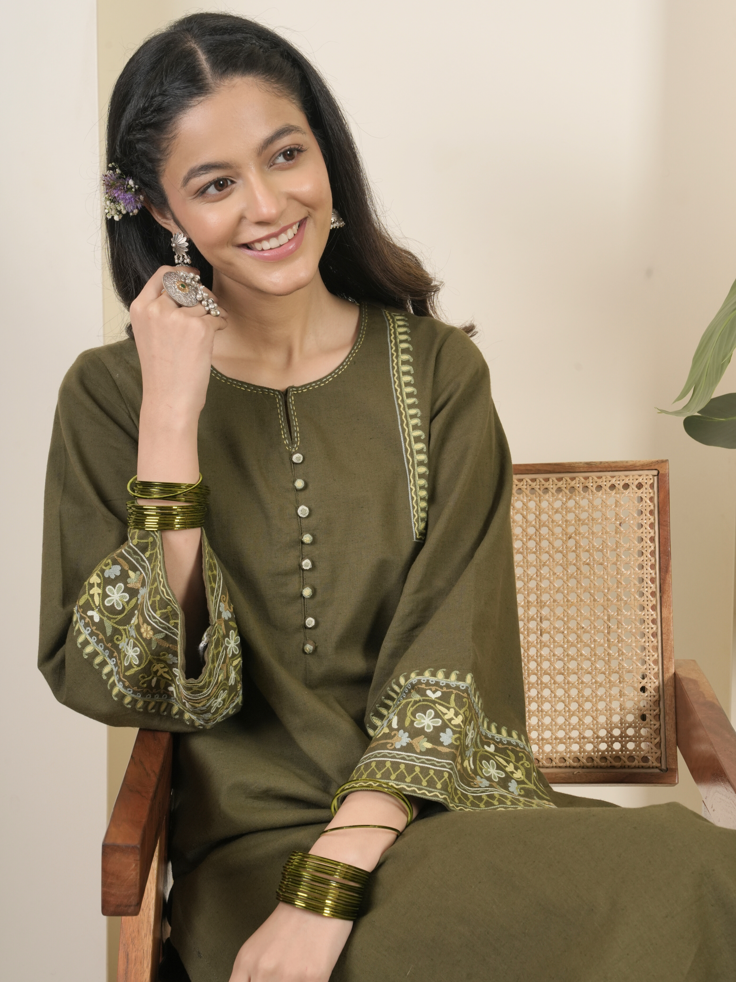Army Green Cotton Flax Aari Embroidered Kurta Pant